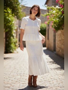 Coquette Cottagecore White Bow Front Puff Sleeve Balletcore Peplum Top